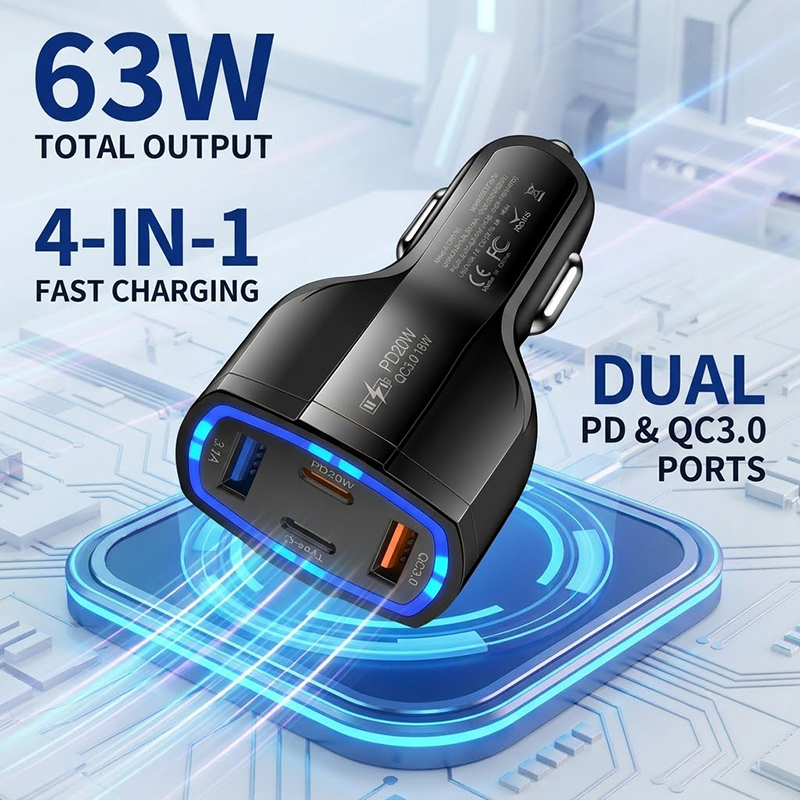 Type C Multiport Adapter - Carregador de Carro Multiportas 63W com